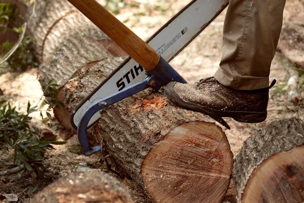 Kettingzaag zaagt een stam in blokken, een voet houdt het hout op zijn plaats