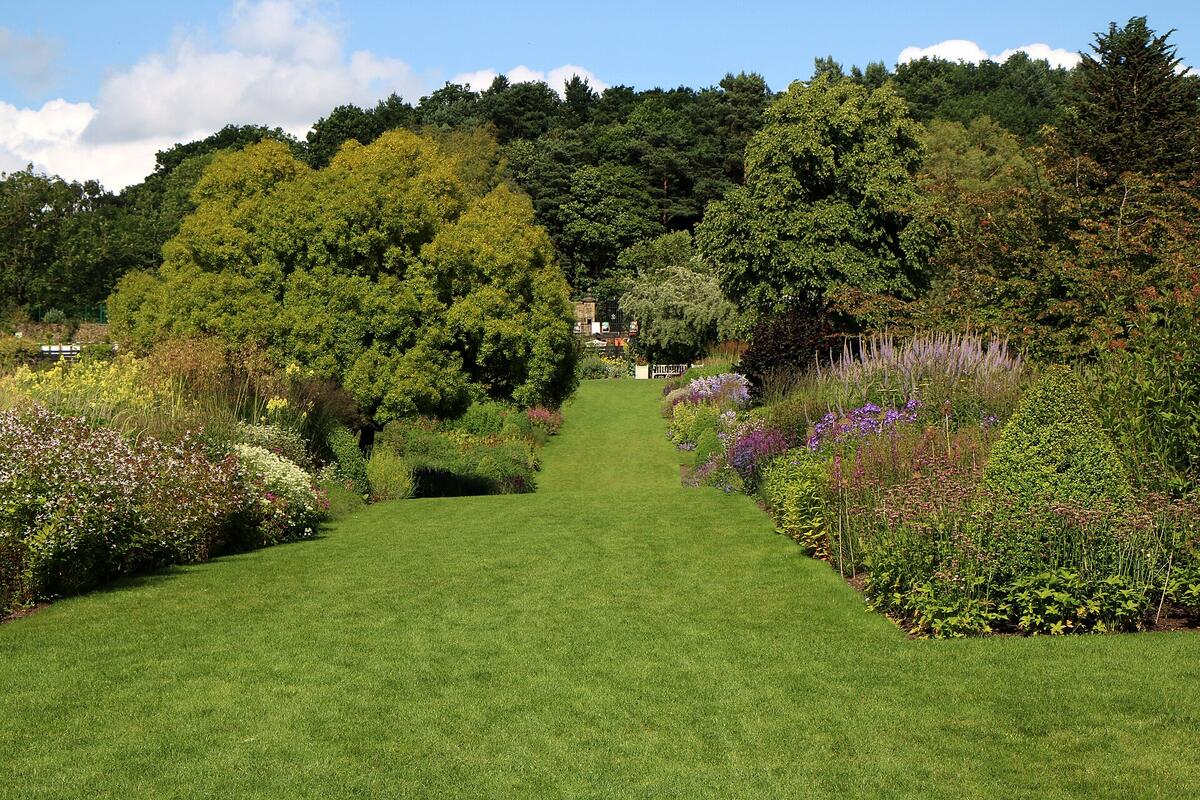 Lang gazonpad tussen twee brede borders met vaste planten